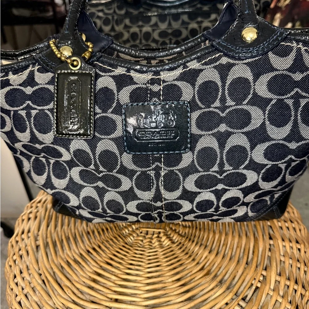 Coach Bleecker Signature Canvas Jacquard Tote Bag Navy Leather Trim Vintage Y2K - Picture 14 of 15